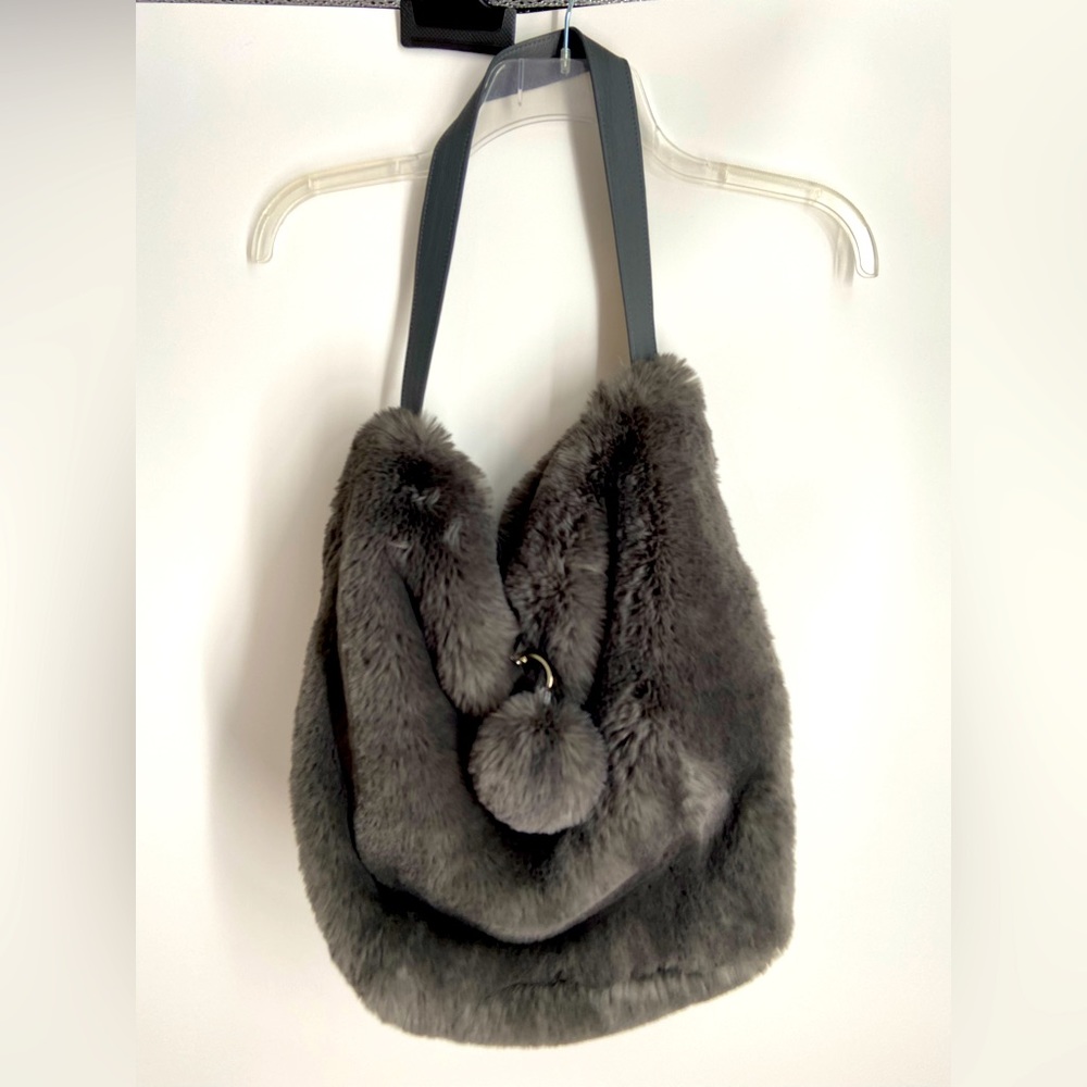 Evelyne Prelonge‎ Faux Fur Shoulder Bag with Pom Pom and Leather Strap Handle
